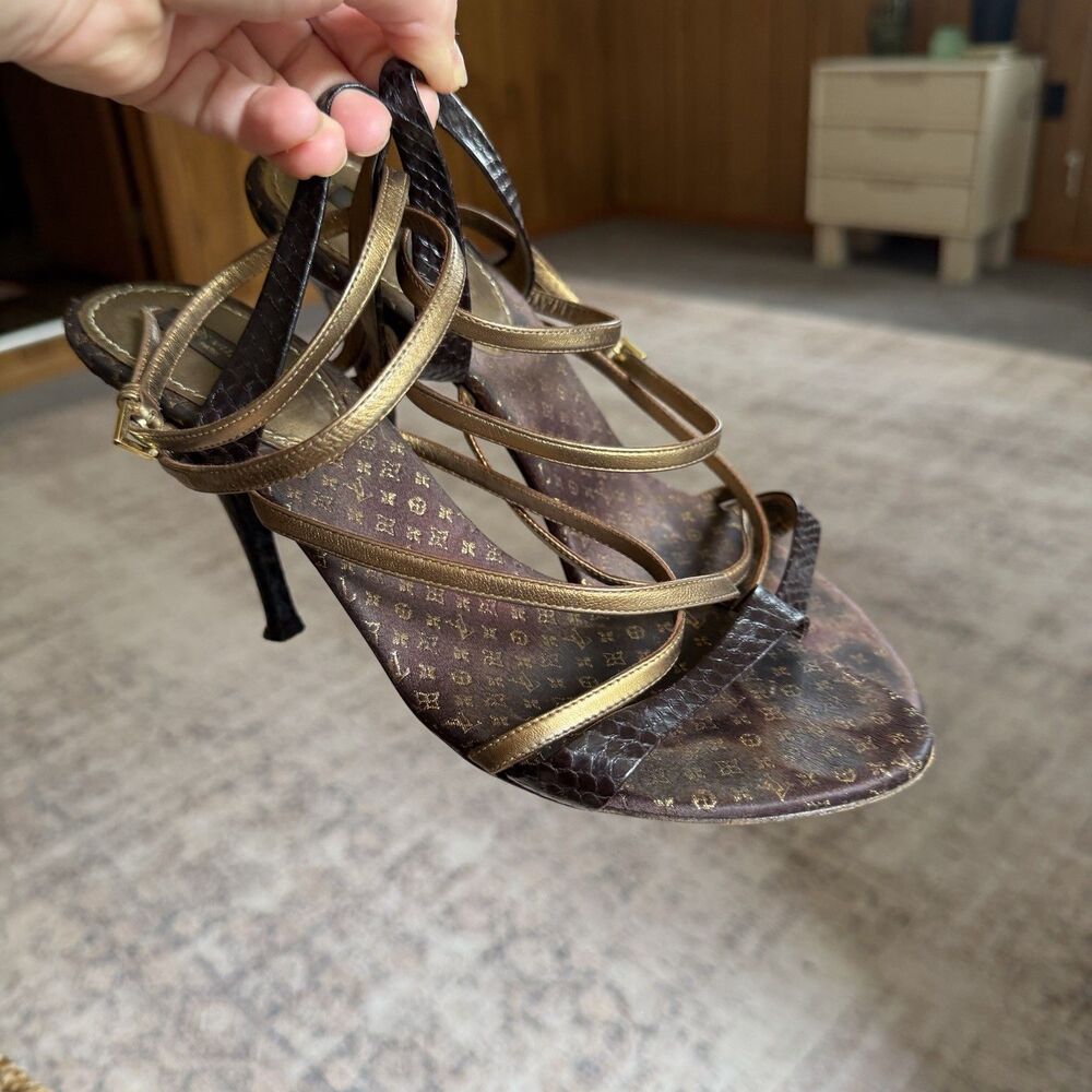 Louis Vuitton Brown Python And Metallic Gold Leather Strappy Sandals Size 39 - Picture 11 of 16